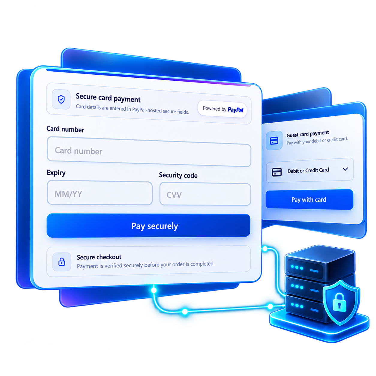 Illustrative GPCB Pay checkout interfaces showing Guest and Advanced card payment experiences connected to a secure server.